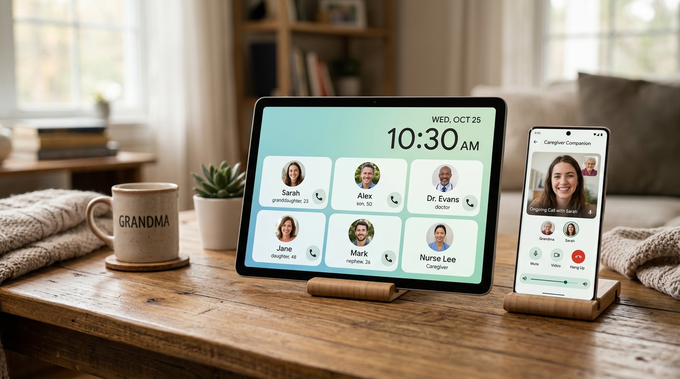 TringHome connected ecosystem: 1-tap kiosk app on tablet on stand beside caregiver companion smartphone