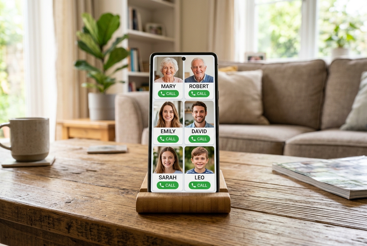 TringHome 6-photo speed dial on smartphone in living room