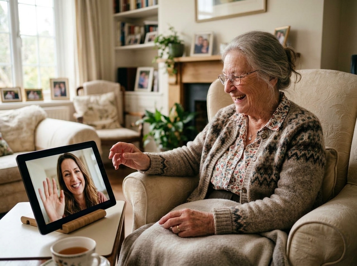 Senior smiling while video calling family on tablet