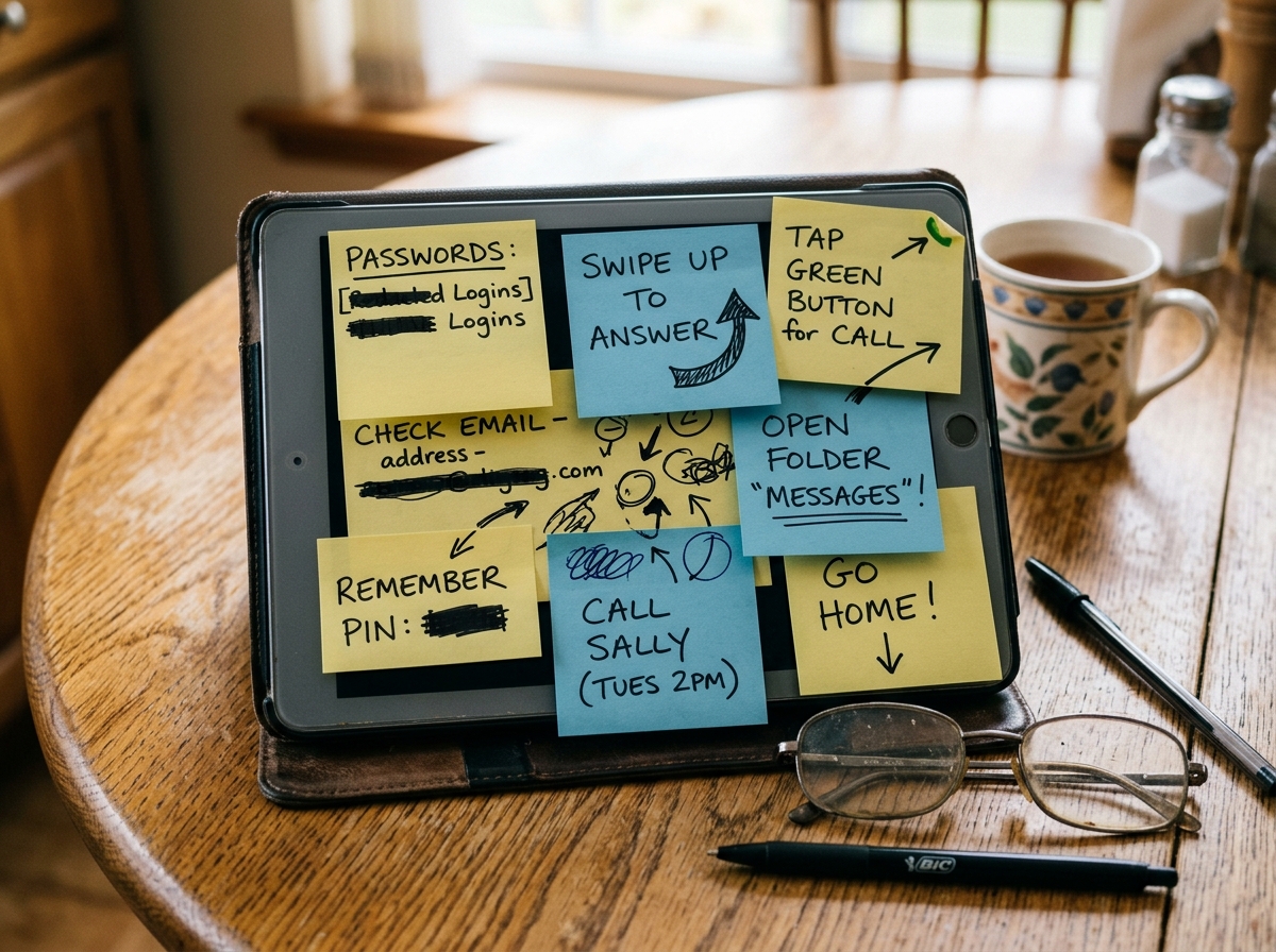 Tablet covered in handwritten sticky notes with passwords